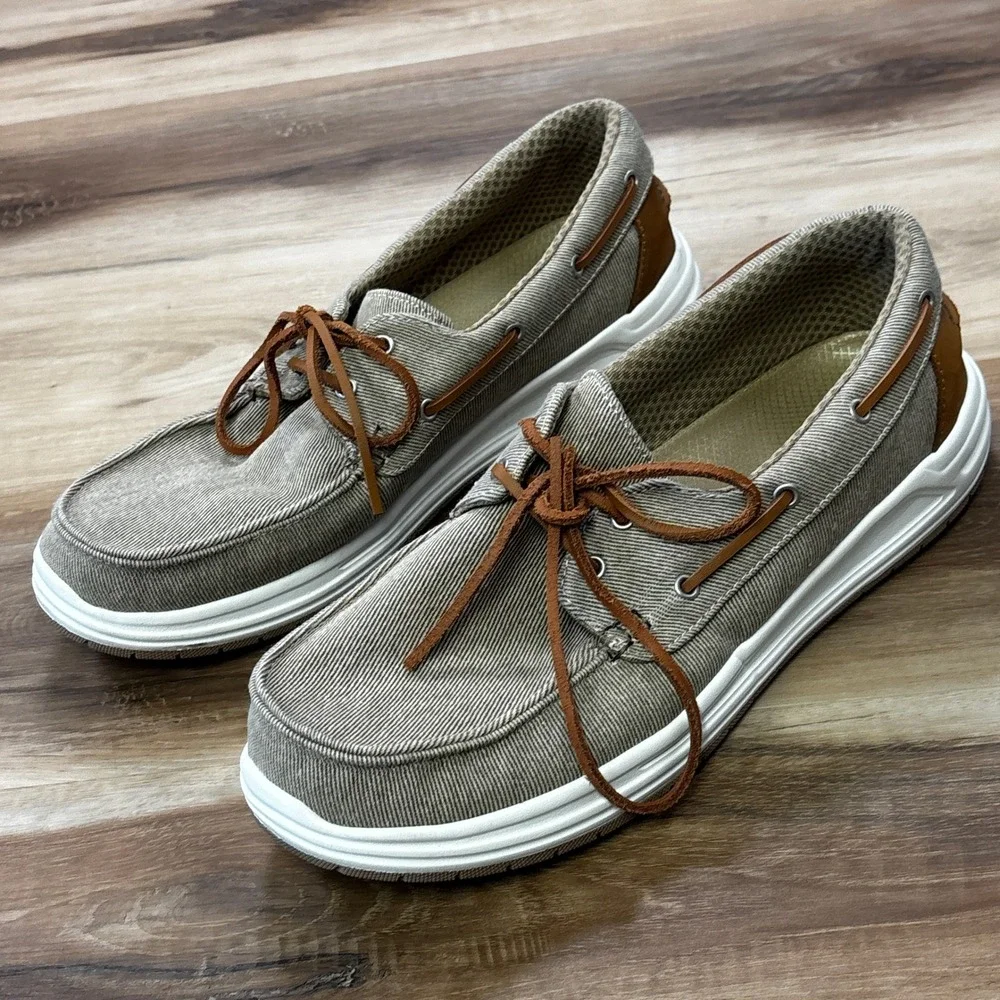 Lands End Boat Shoes Size 12D Canvas Deck Shoes Twill Casual Khaki Tan